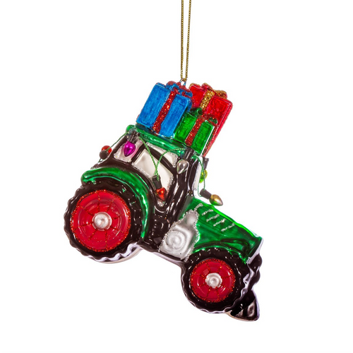 Sass & Belle Christmas Bauble - Glass Green Tractor with Gifts