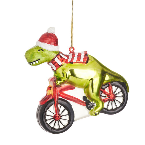 Sass & Belle Christmas Bauble - Glass Dinosaur on a Bicycle