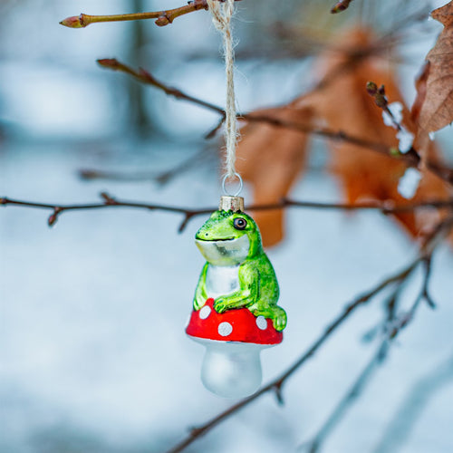 Sass & Belle Christmas Bauble - Glass Frog on a Mushroom