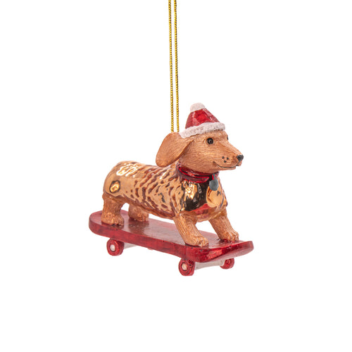 Sass & Belle Christmas Bauble - Glass Skateboarding Sausage Dog