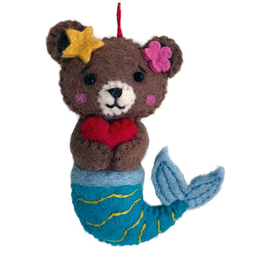 G-Bork Handmade Christmas Felt Bauble - Mermaid Bear with a Heart