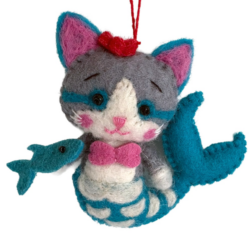 G-Bork Handmade Christmas Felt Bauble - Mermaid Cat with Fish