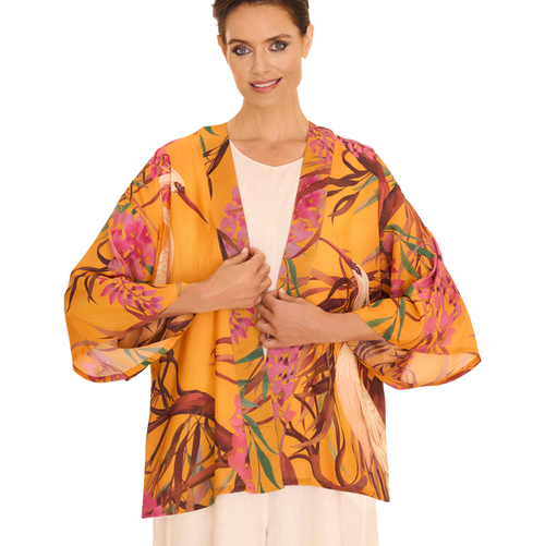 Powder Kimono Jacket - Oriental Crane - Ochre