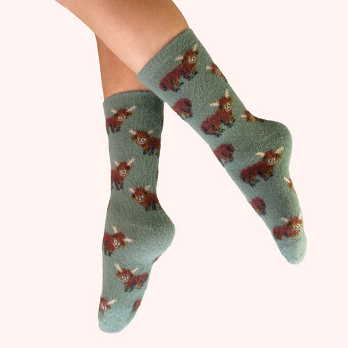 Powder Fuzzy Socks - Highland Cow
