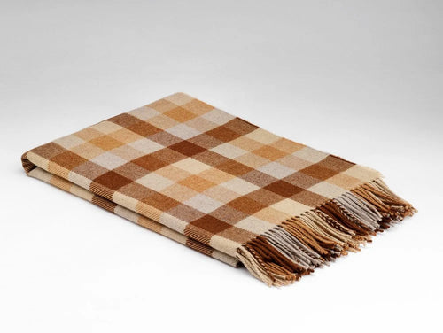 McNutt of Donegal Throw in Supersoft Lambswool Check - Caramello