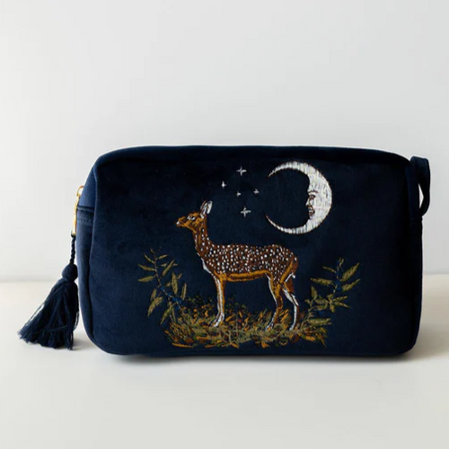 Fable Pouch - Deer & Moon Embroidered Pouch Blueberry Velvet