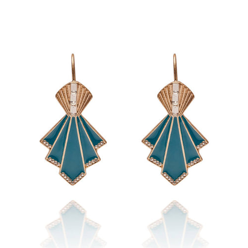 Lovett Earrings - Art Deco Fan Drops Teal and Gold