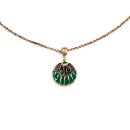 Lovett Necklace - Art deco disc vintage pendant necklace: Green enamel necklace