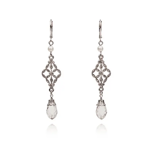 Lovett Earrings - Victorian Style Silver and Glass Crystal Long Drop