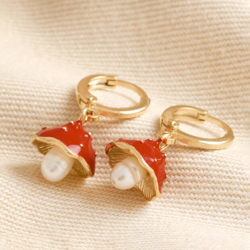 Lisa Angel Earrings - Pearl and Enamel Toadstool Huggie Hoops