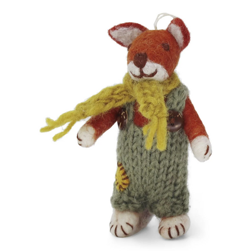 Gry & Sif Christmas - Handmade Felt Fox with Green Pants and Ochre Scarf