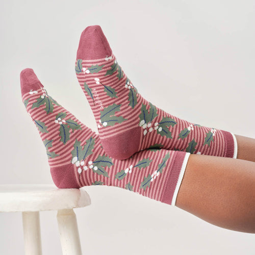 Thought Ladies Socks - Holly & Berries Stripe Bamboo Socks