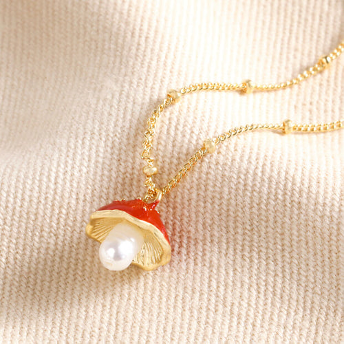 Lisa Angel Necklace - Pearl and Enamel Toadstool Charm Necklace in Gold