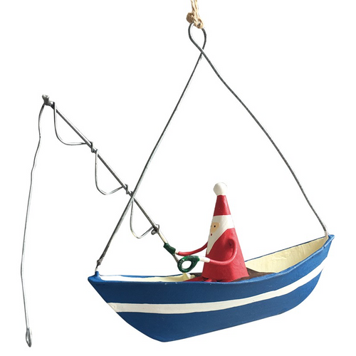 G-Bork Handmade Tin Santa Claus in Fishing Boat