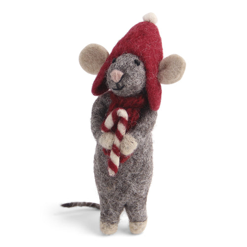 Gry & Sif Christmas - Handmade Felt Mouse Grey with Candy Cane