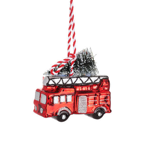 Sass & Belle Christmas Bauble - Glass Fire Engine With Tree