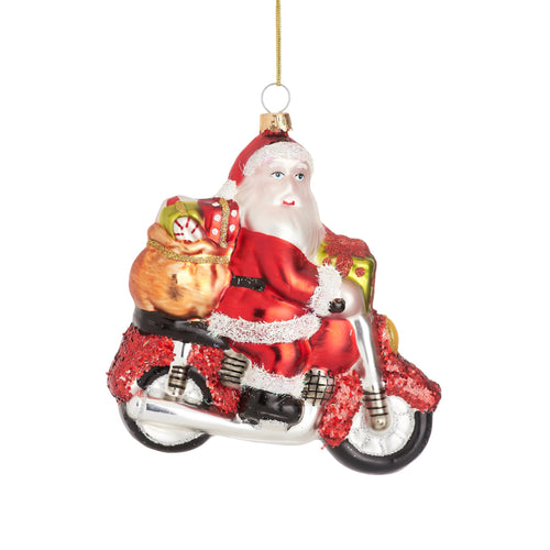 Sass & Belle Christmas Bauble - Glass Santa On A Motorbike