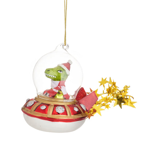 Sass & Belle Christmas Bauble - Glass Dinosaur In A UFO