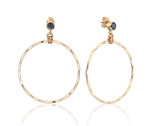 Scribble & Stone Earrings - 14kt GoldFill Black Stone Hoops  30mm