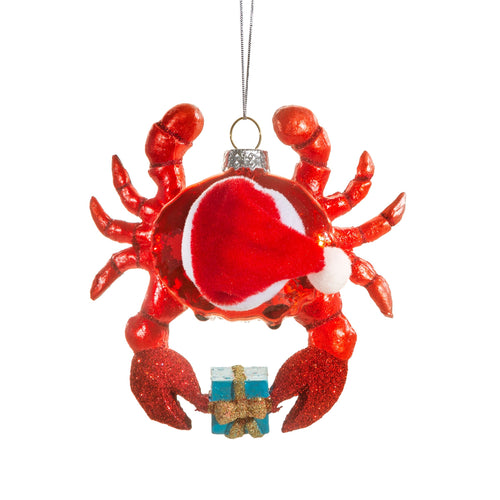 Sass & Belle Christmas Bauble - Glass Festive Crab With Present