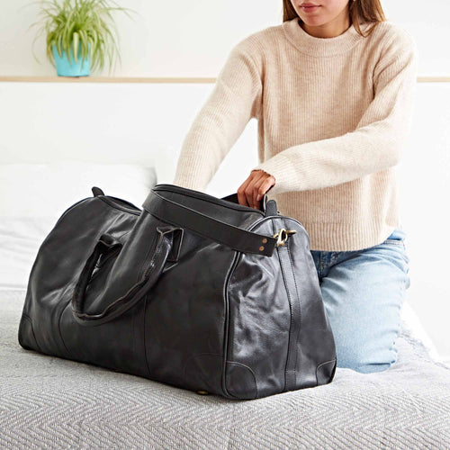Paper High - Large Black Leather Weekend Holdall