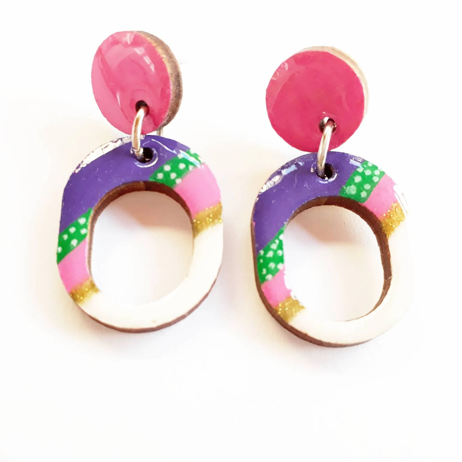 Jayney Mac Earrings - Wooden Oval Pattern Pink/Purple