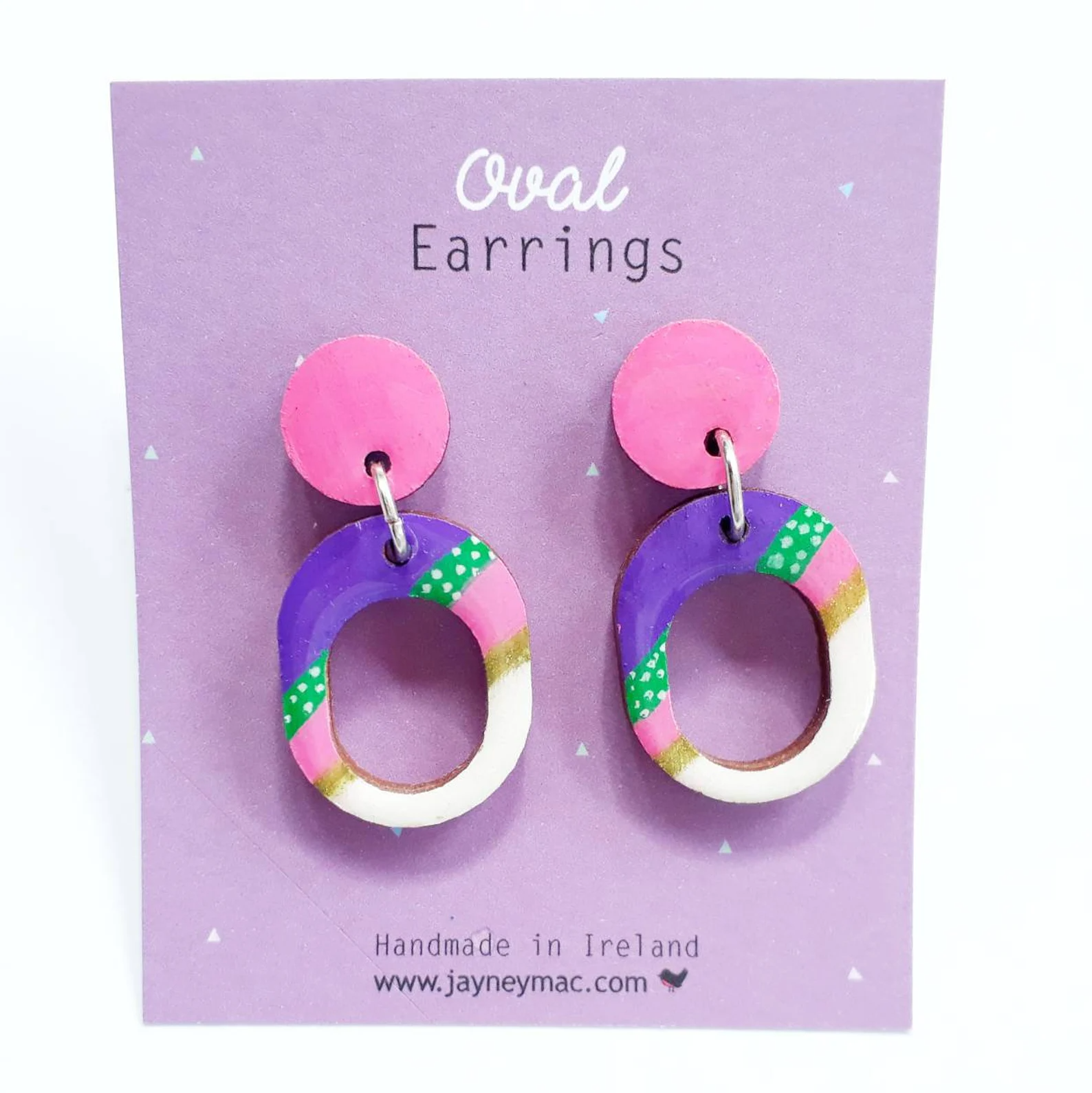 Jayney Mac Earrings - Wooden Oval Pattern Pink/Purple