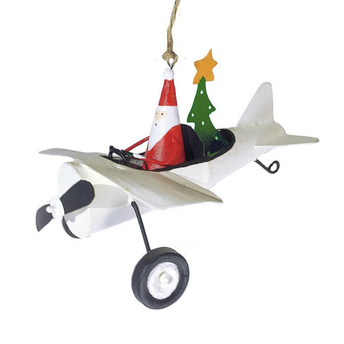 G-Bork Handmade Tin Santa Claus in White Airplane